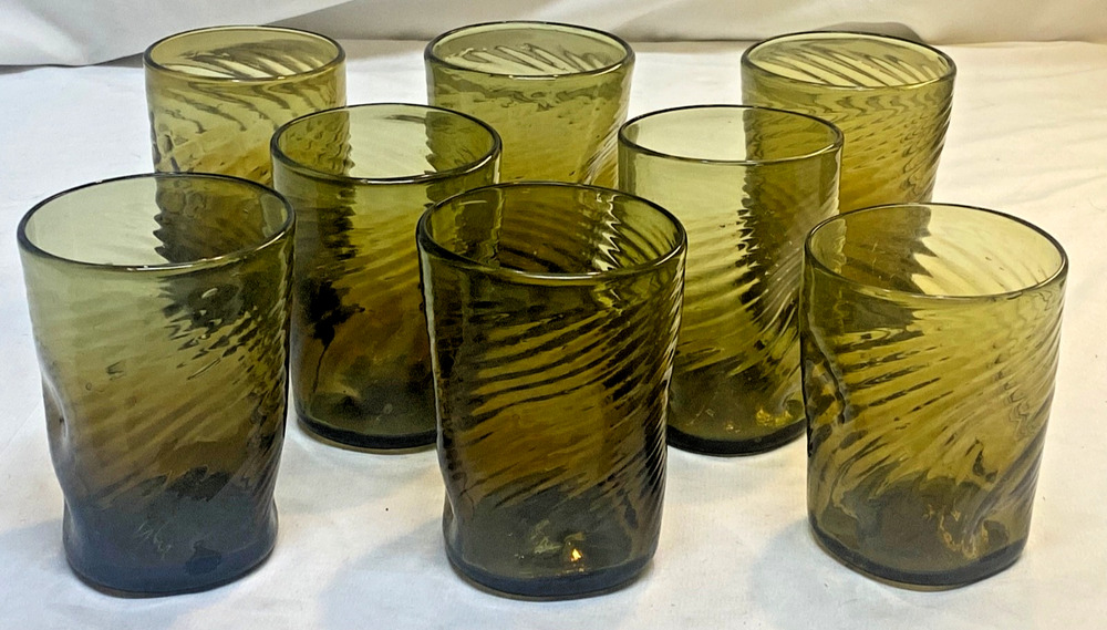 8 Vtg MCM Blown Brown Glass Pinched Thumbprint Tumblers Optic Swirl Short